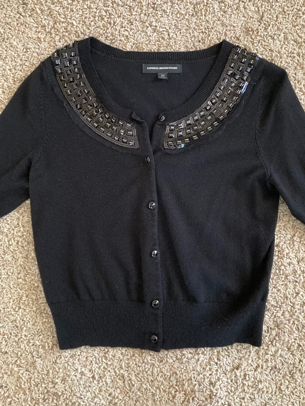 Express Black Beaded  Short Sleeve Cropped Cardigan